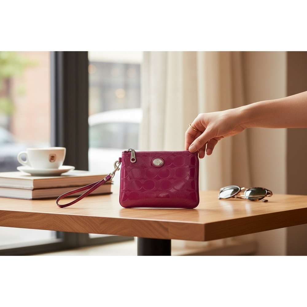 Coach F52282 Signature Debossed Patent Leather berry Pinkโ Wristlet wallet